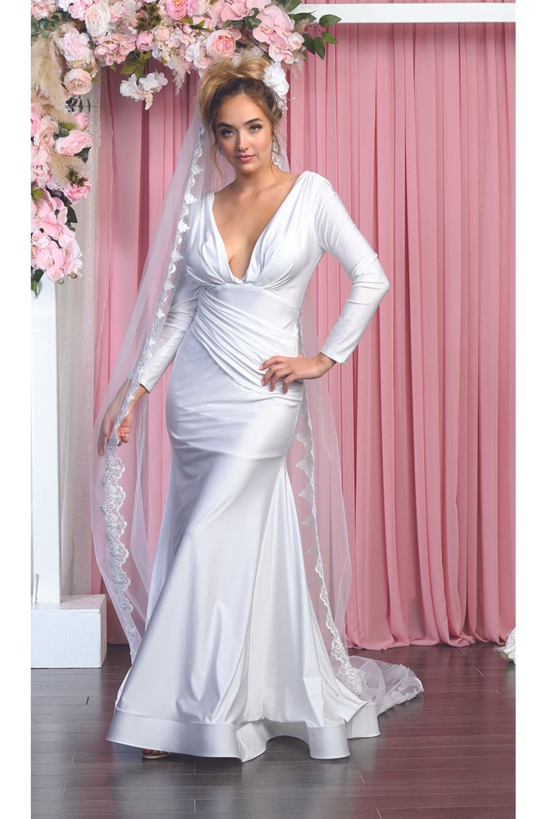 Long Sleeve Formal Gown Stretchy Bodycon Mermaid V-Neck Evening Dress