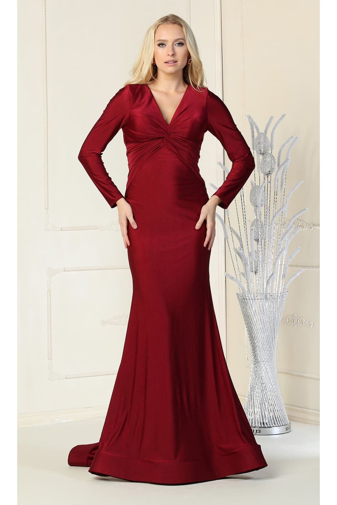 Long Sleeve Stretchy V-neckline Bodycon Evening Gown