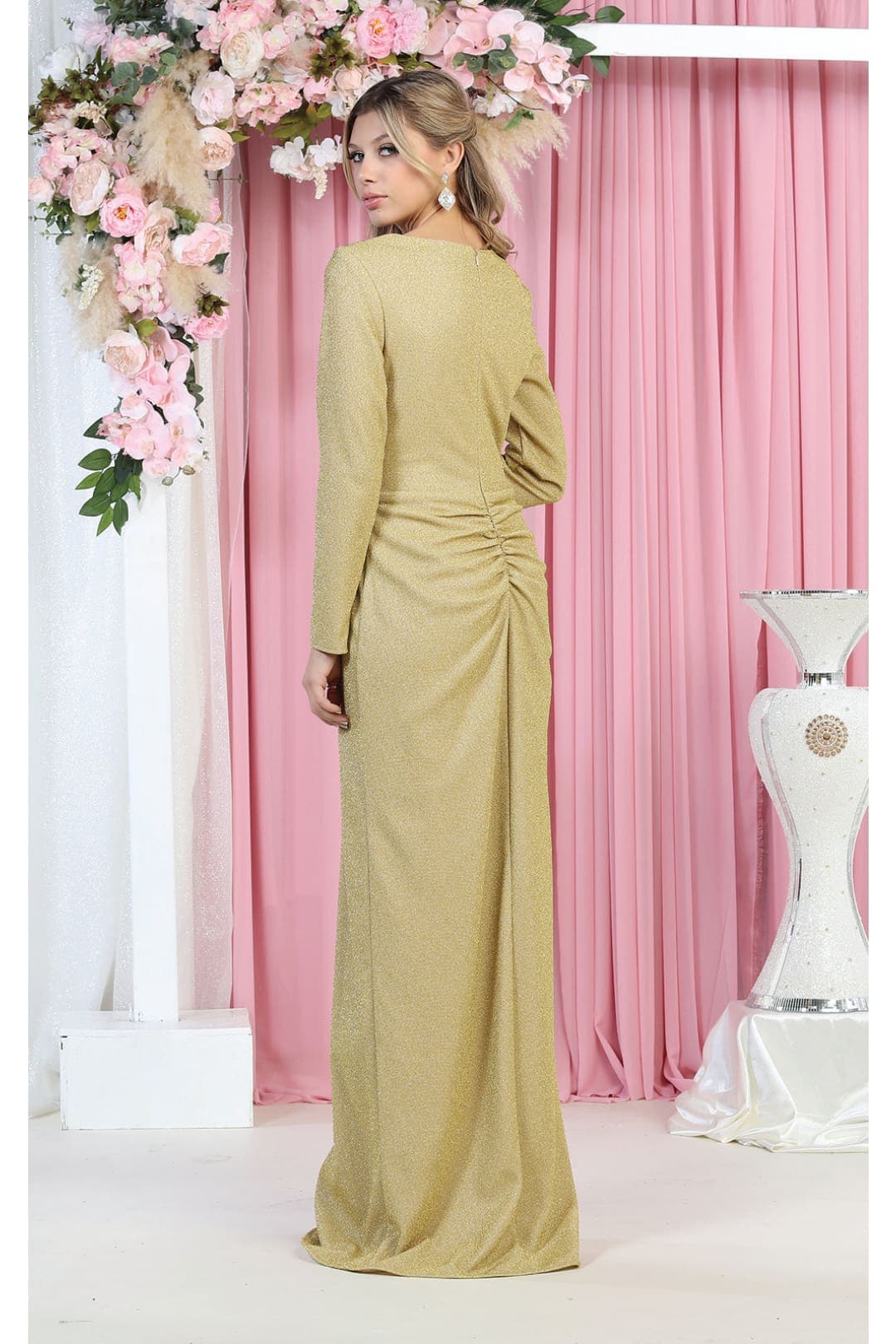 V Neck Long Sleeve Shimmer Formal Dress MQ1924