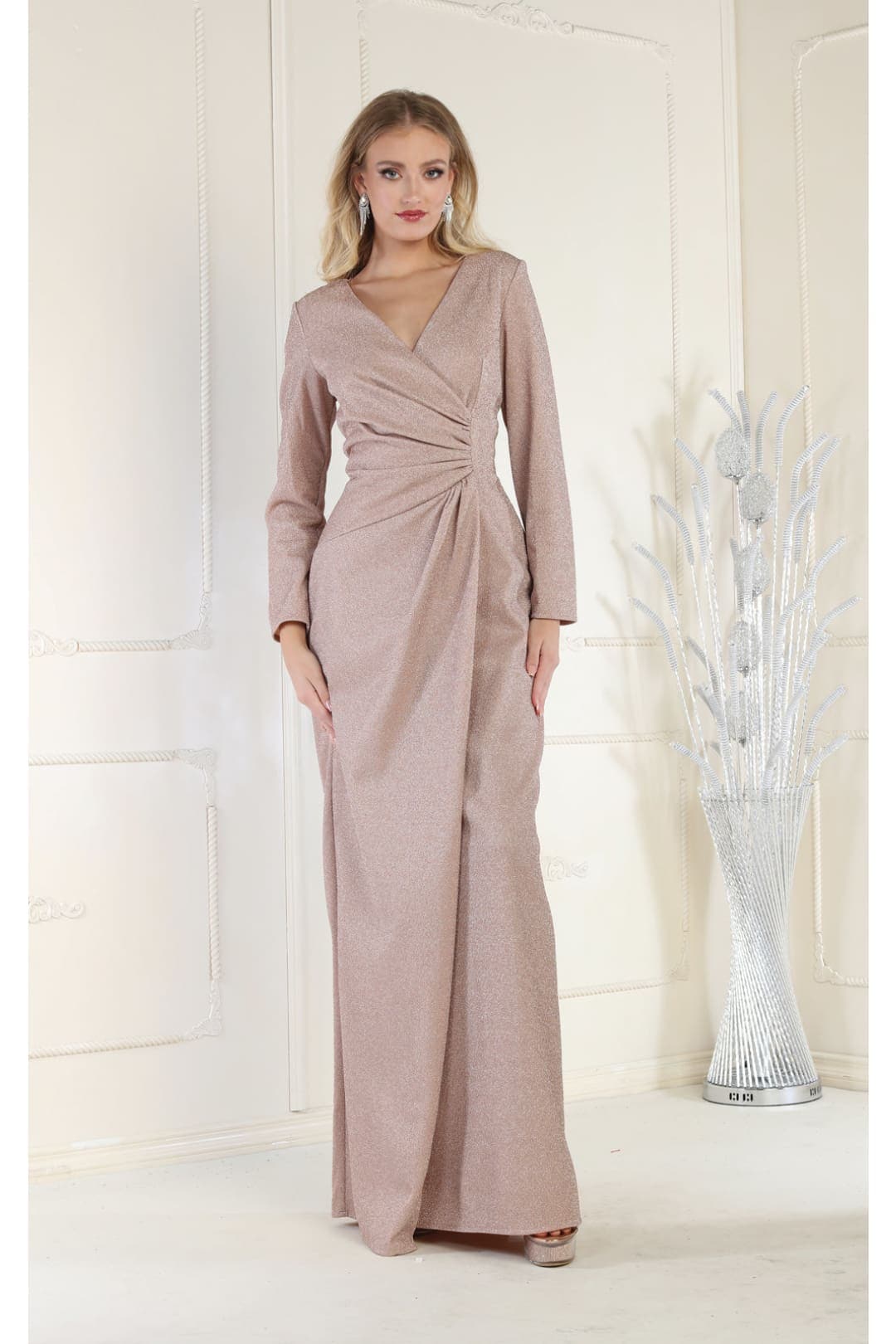 V Neck Long Sleeve Shimmer Formal Dress MQ1924