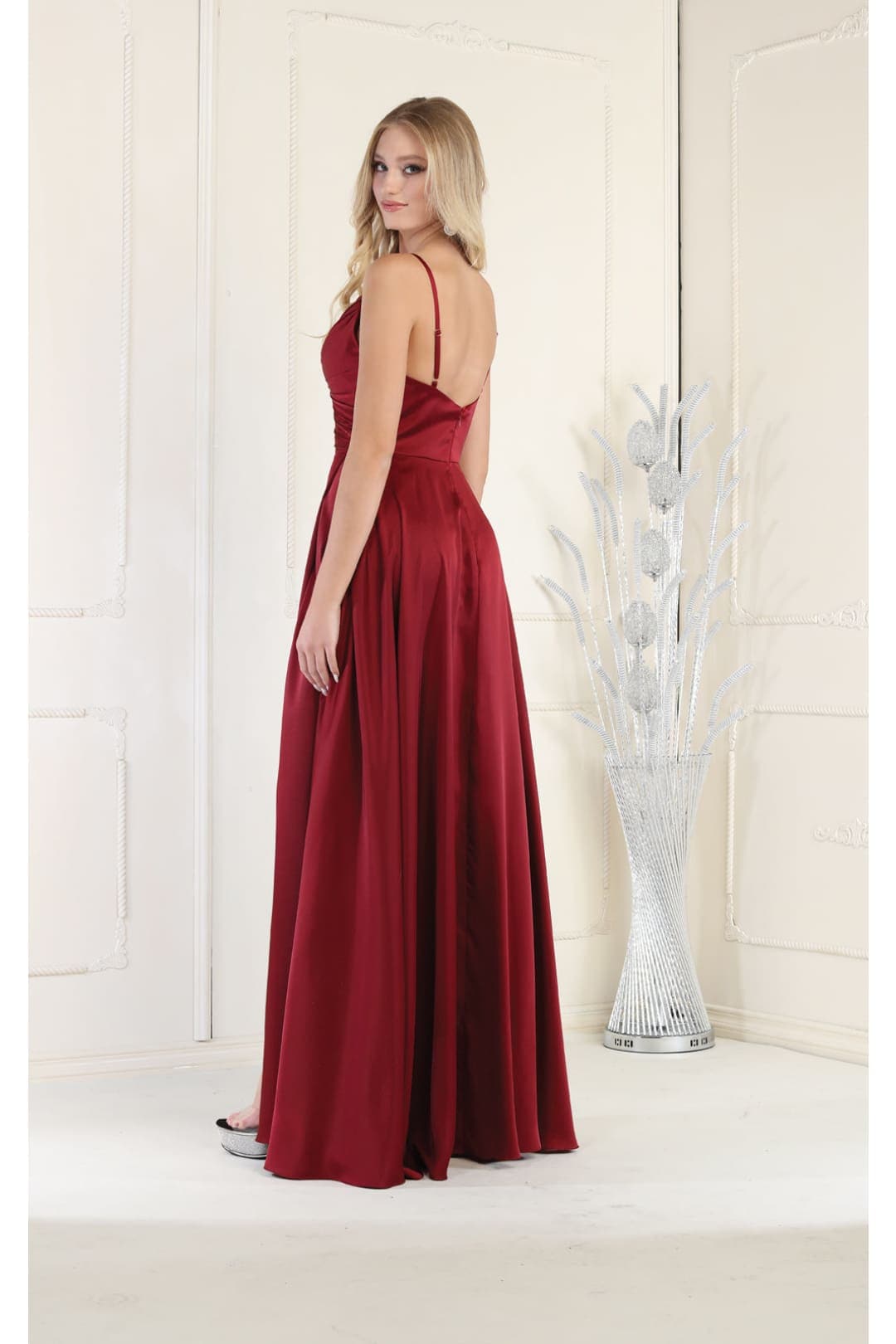 Long Simple Prom Dress V-Neck A-Line Satin Slit Formal Evening Gown by MQ1945