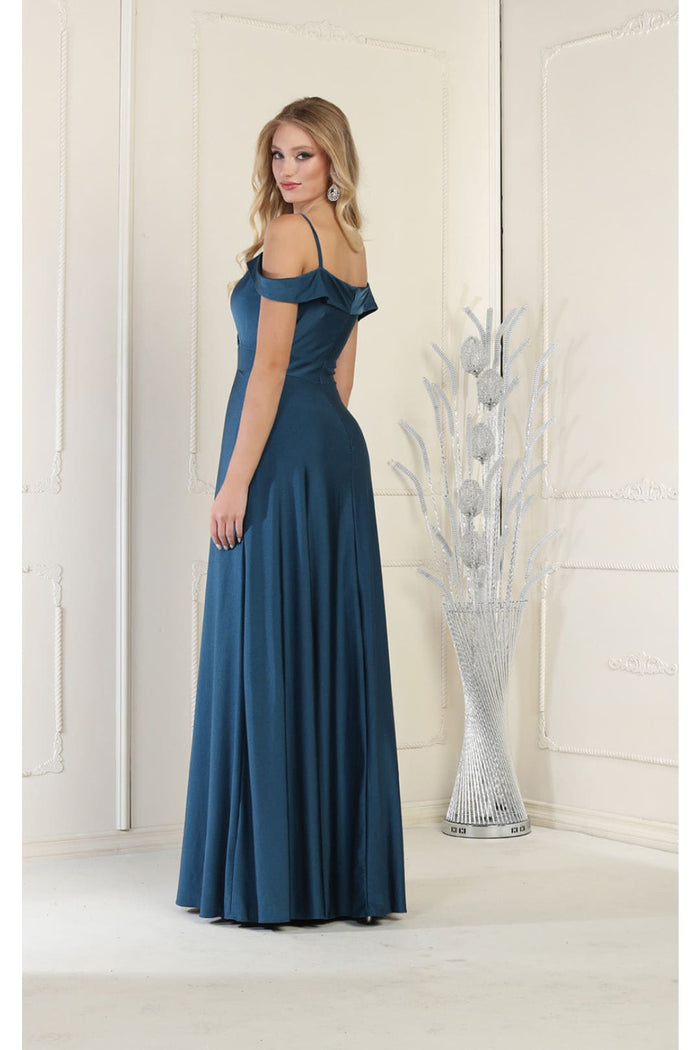 May Queen MQ1988 V-Neck Cold Shoulder Ruched Long A-Line Dress