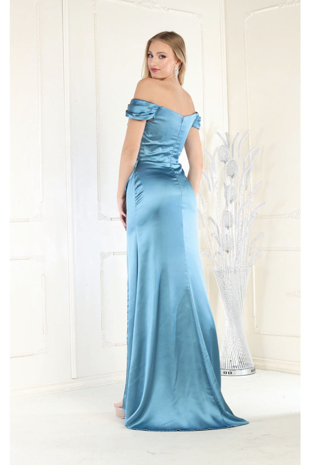 May Queen MQ1997 Off Shoulder Satin Bridesmaids Long Formal Gown