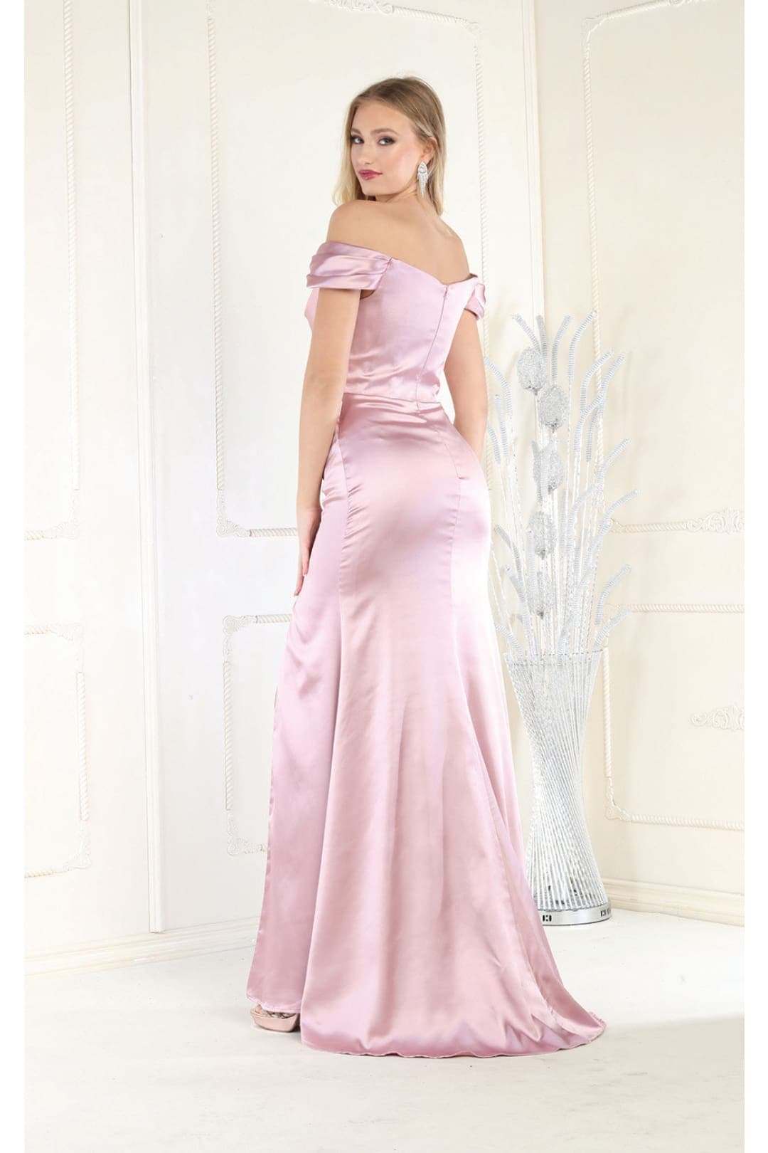 May Queen MQ1997 Off Shoulder Satin Bridesmaids Long Formal Gown