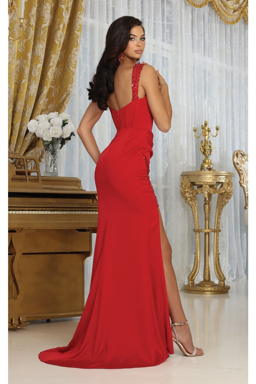 May Queen MQ2001 Sweep Train Corset Bone High Slit Prom Dress