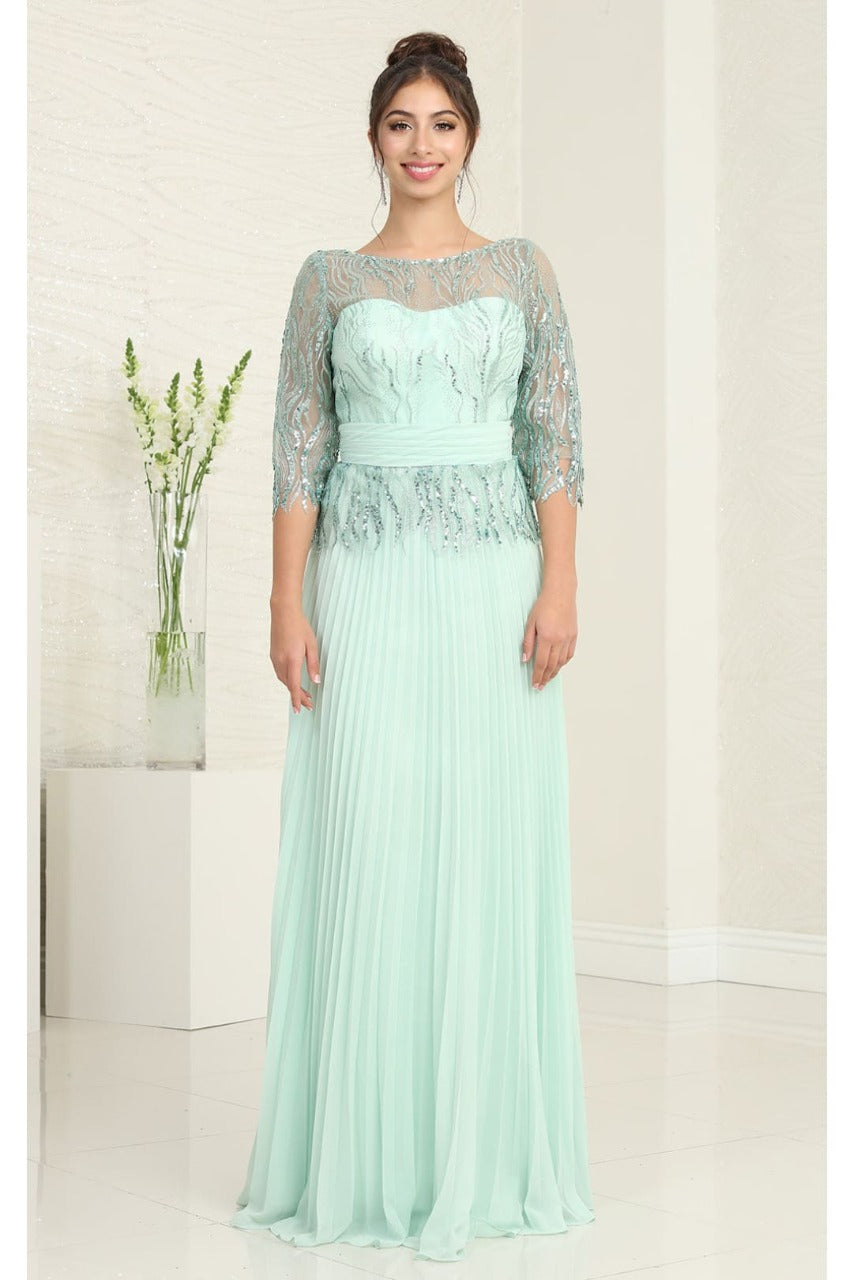 May Queen MQ2007 3/4 Sleeves Rhinestone Beaded Pleated Evening Gown