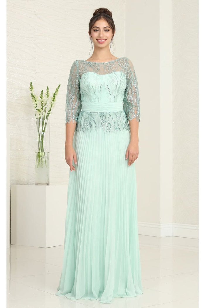 May Queen MQ2007 3/4 Sleeves Rhinestone Beaded Pleated Evening Gown