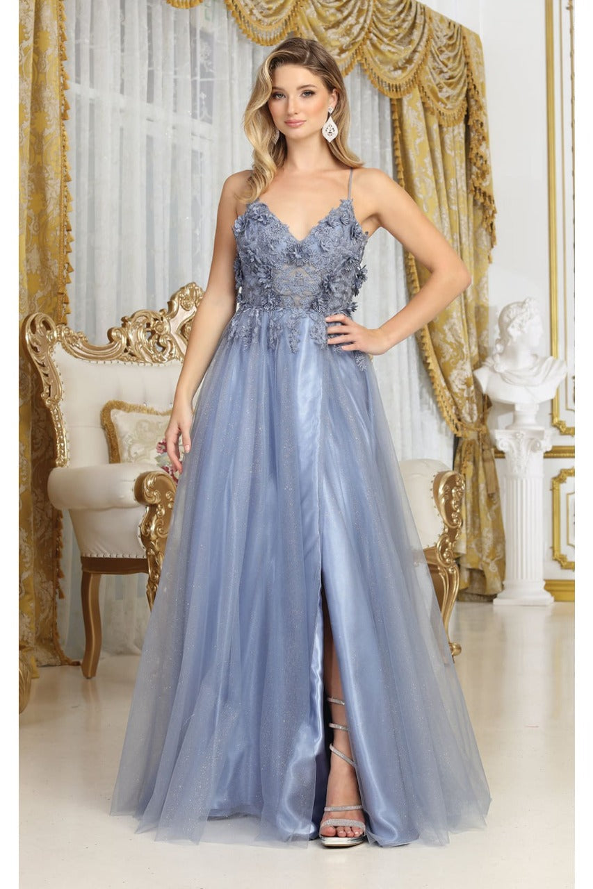 May Queen MQ2011 Spaghetti Strap Floral Embellished Tulle Evening Gown