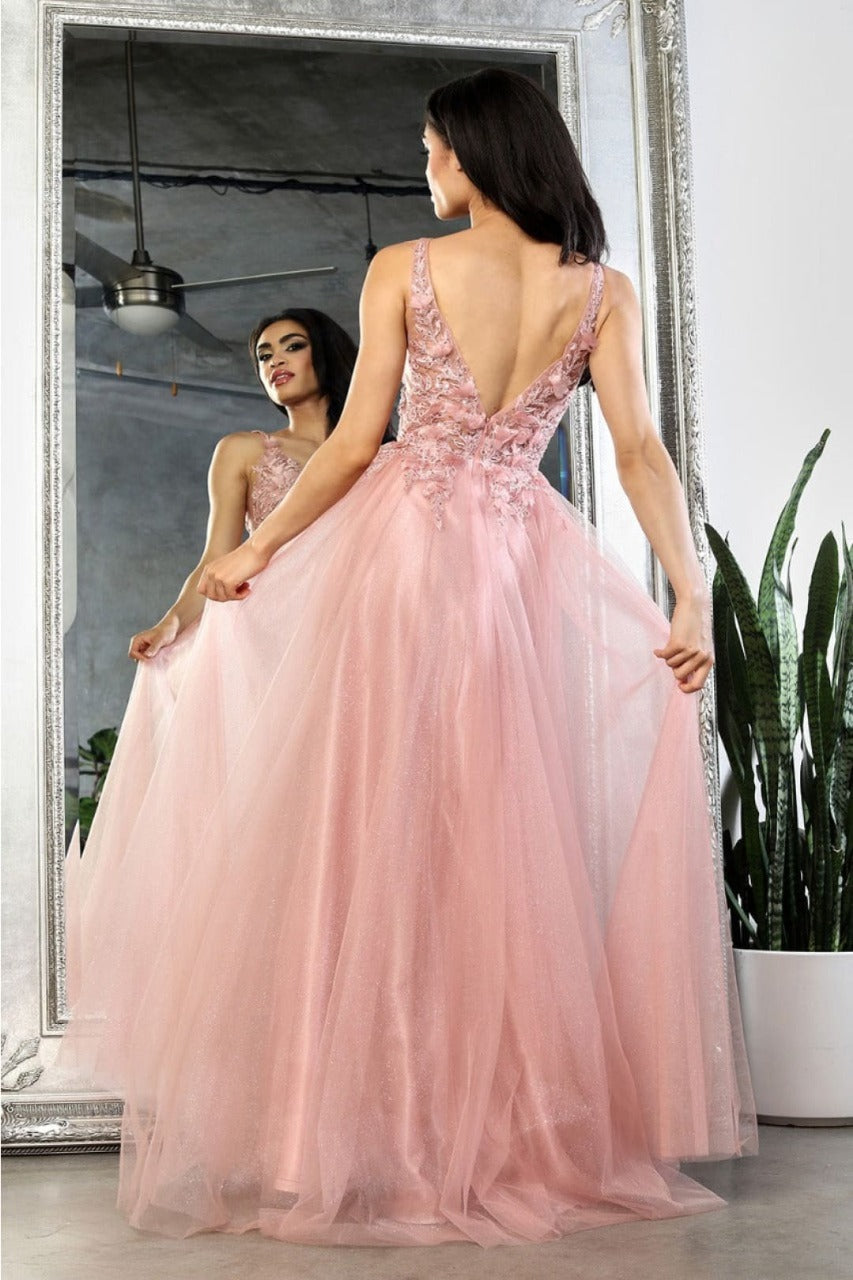 May Queen MQ2015 Sleeveless 3D Floral Embellished Evening Tulle Gown