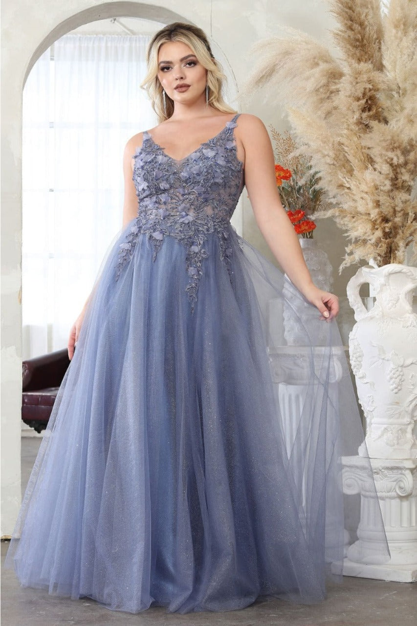 May Queen MQ2015 Sleeveless 3D Floral Embellished Evening Tulle Gown