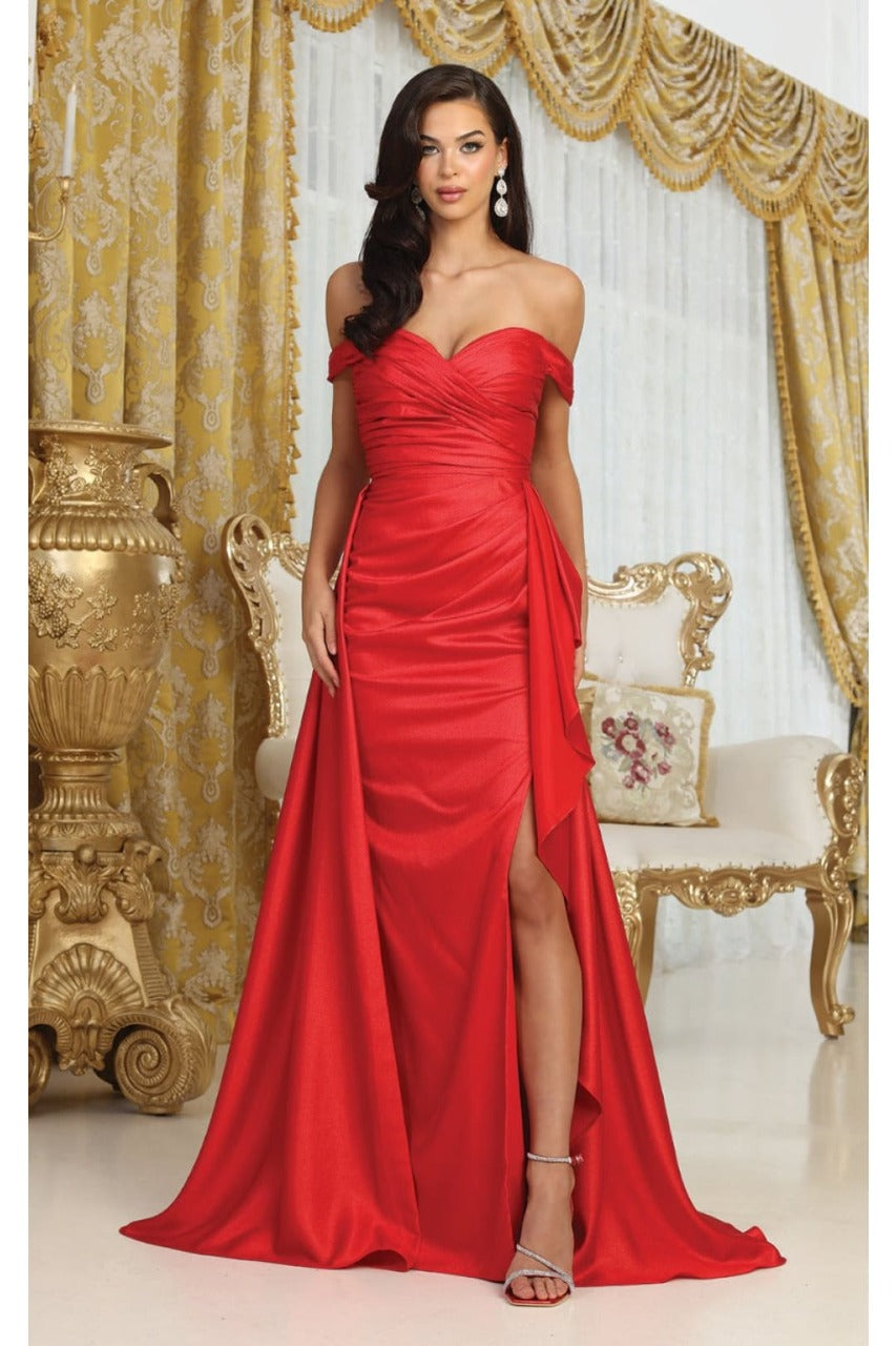 May Queen MQ2056 Off-Shoulder Taffeta Formal High Slit Long Gown
