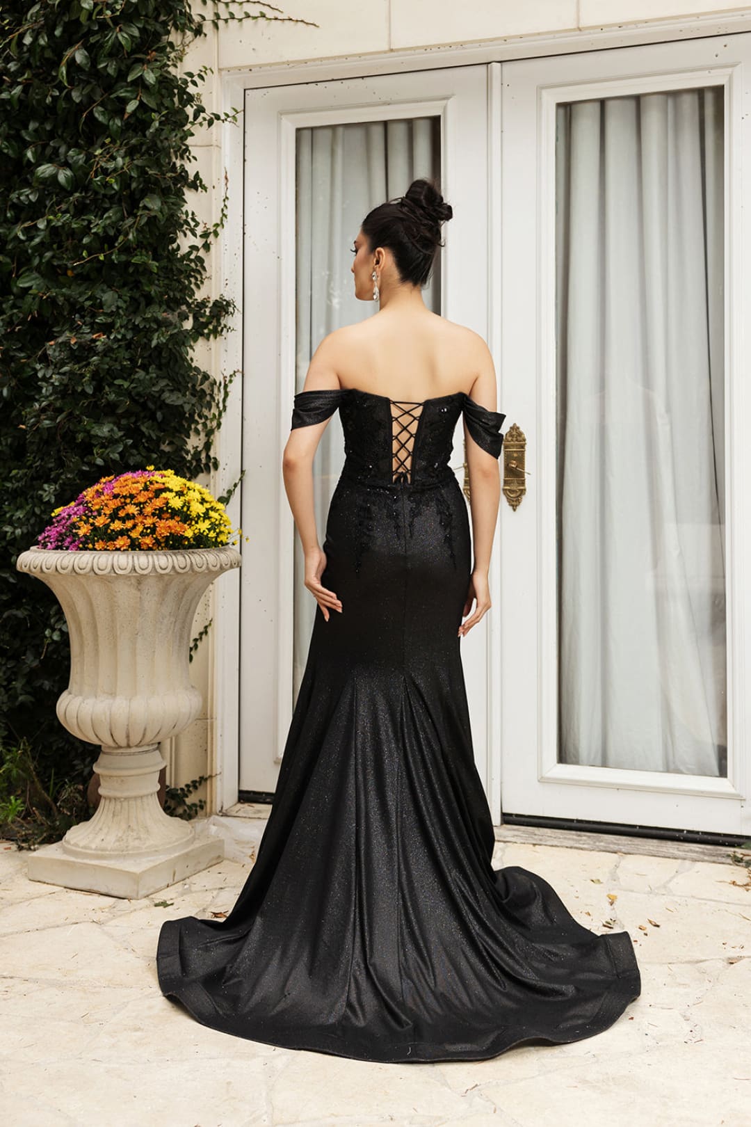 May Queen MQ2104 Draped Sleeves Corset Glitter Red Carpet Gown