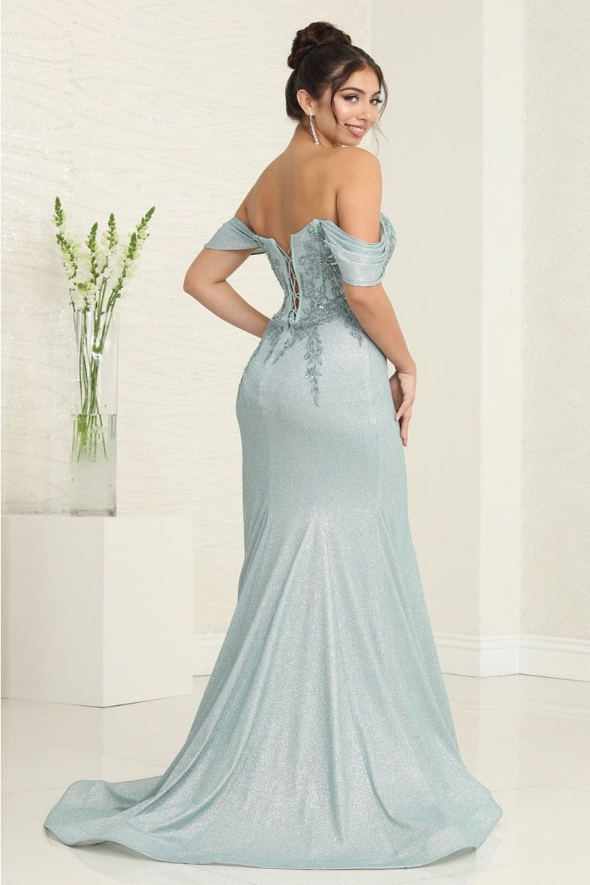 May Queen MQ2104 Draped Sleeves Corset Glitter Red Carpet Gown