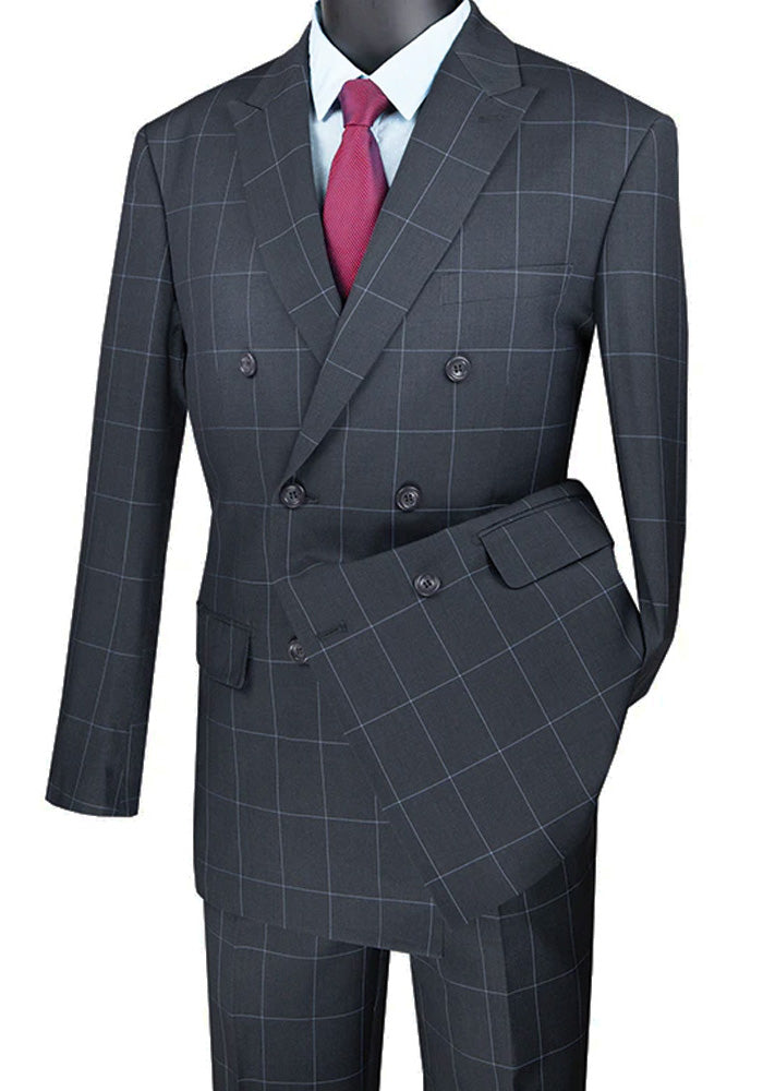 Gray Modern Double Breasted Windowpane Suit