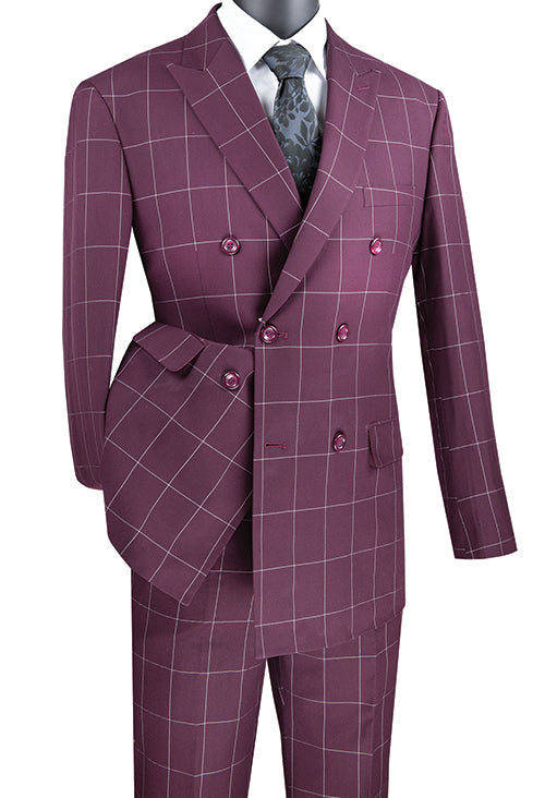 Wine Double Breasted Windowpane Suit