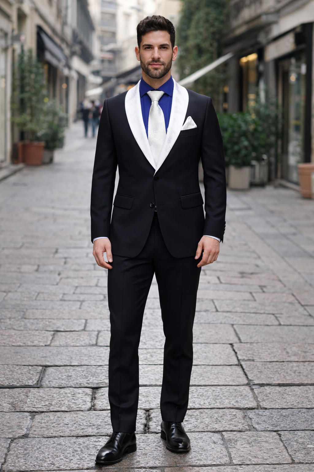 Modern Fit Men’s Black Wedding Blazer with White & Blue Shawl Lapel