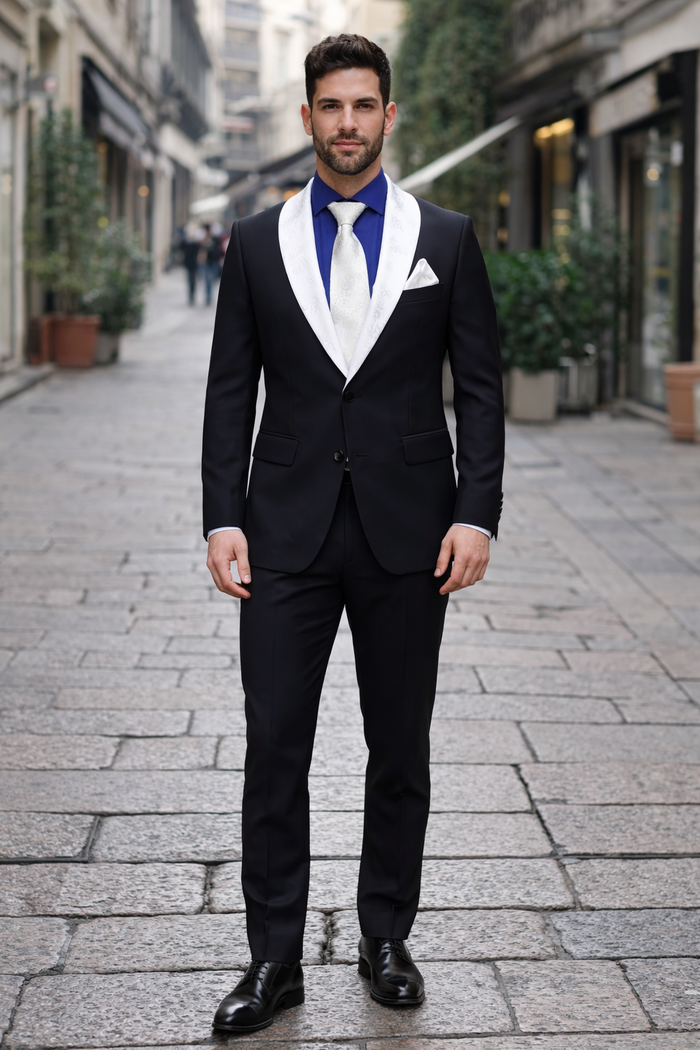 Modern Fit Men’s Black Wedding Blazer with White & Blue Shawl Lapel