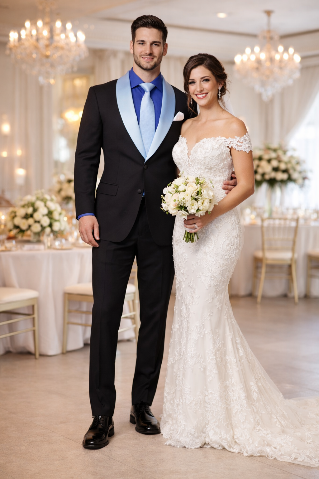 Modern Fit Men’s Black Wedding Blazer with White & Blue Shawl Lapel
