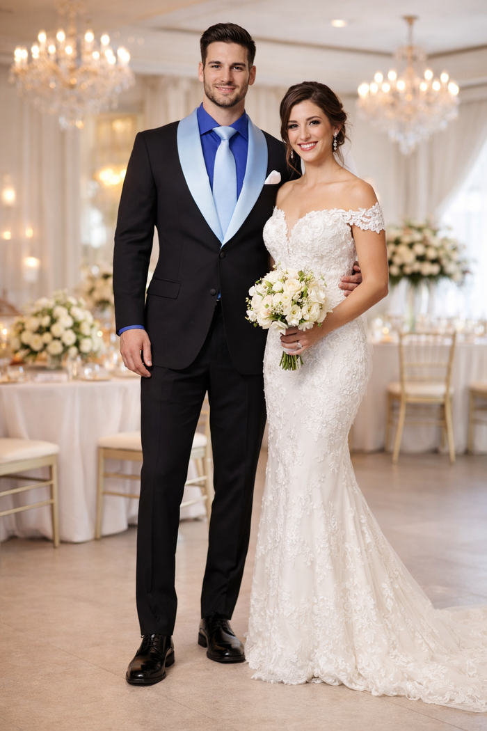 Modern Fit Men’s Black Wedding Blazer with White & Blue Shawl Lapel