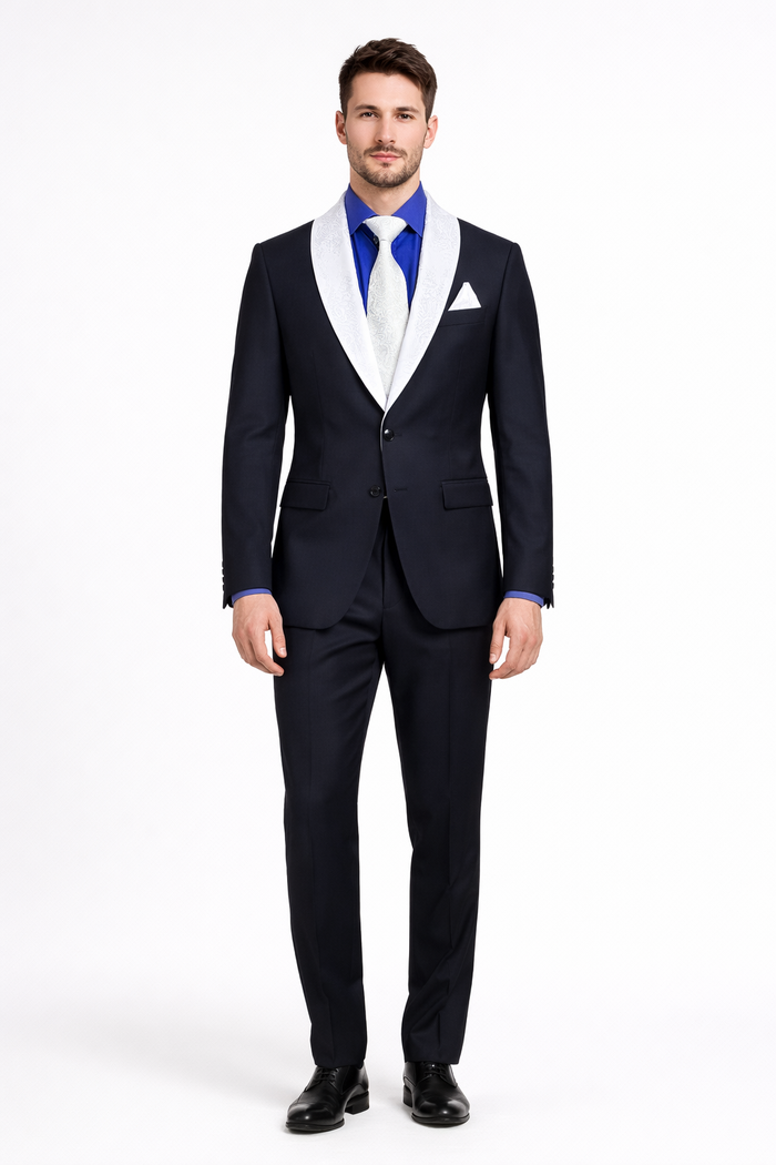 Modern Fit Men’s Black Wedding Blazer with White & Blue Shawl Lapel