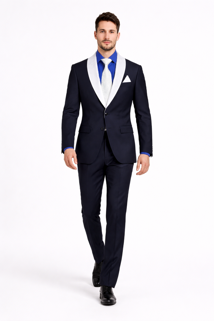 Modern Fit Men’s Black Wedding Blazer with White & Blue Shawl Lapel