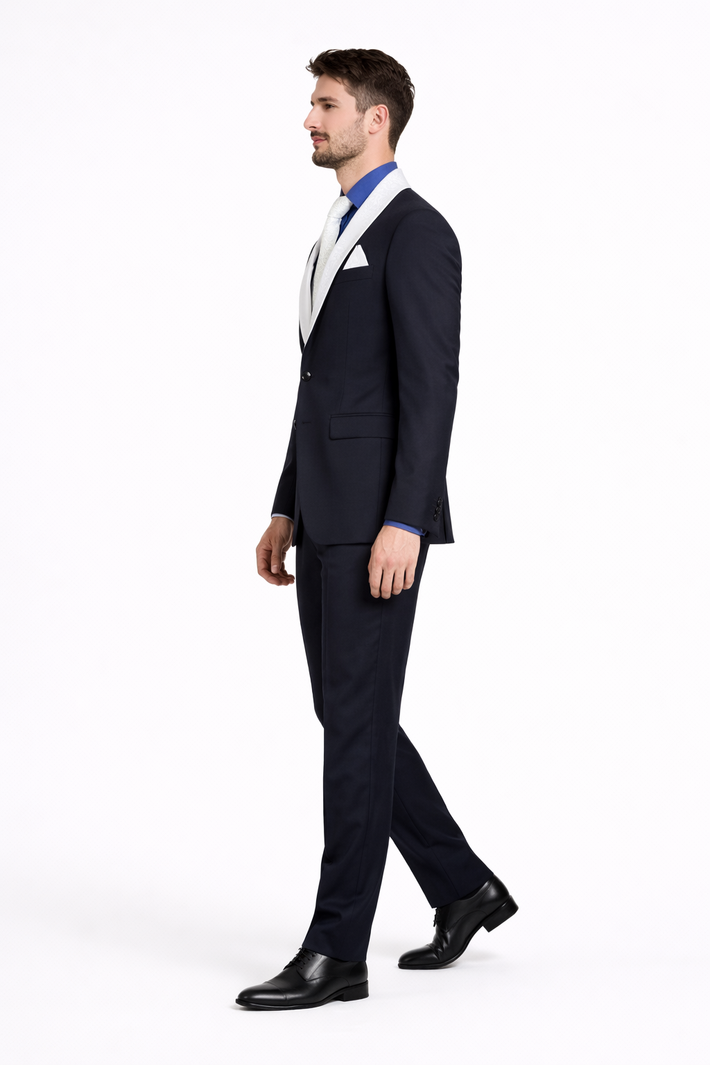 Modern Fit Men’s Black Wedding Blazer with White & Blue Shawl Lapel