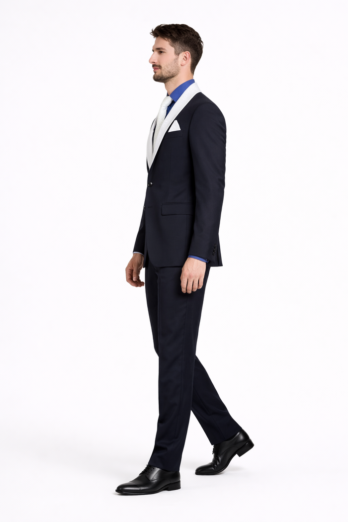 Modern Fit Men’s Black Wedding Blazer with White & Blue Shawl Lapel