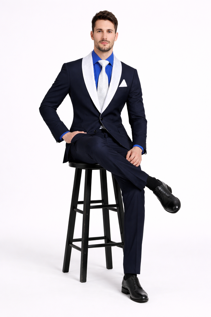 Modern Fit Men’s Black Wedding Blazer with White & Blue Shawl Lapel