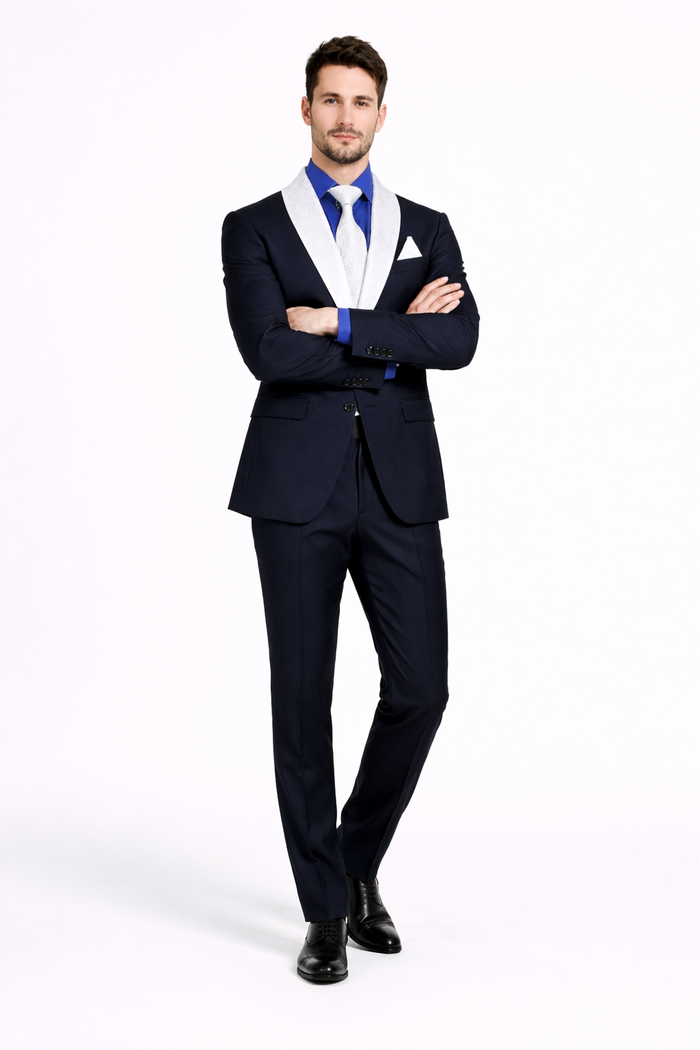 Modern Fit Men’s Black Wedding Blazer with White & Blue Shawl Lapel