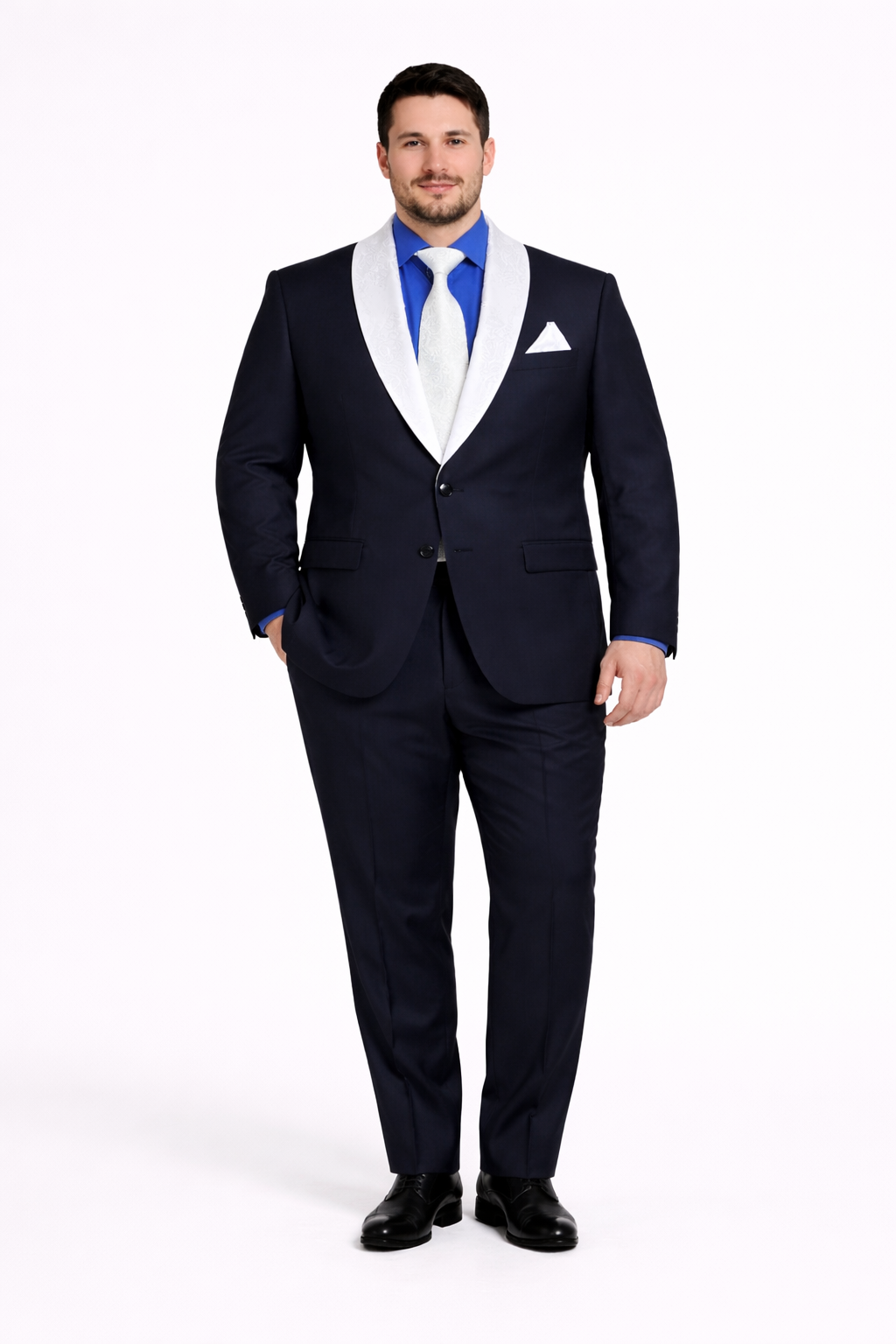 Modern Fit Men’s Black Wedding Blazer with White & Blue Shawl Lapel