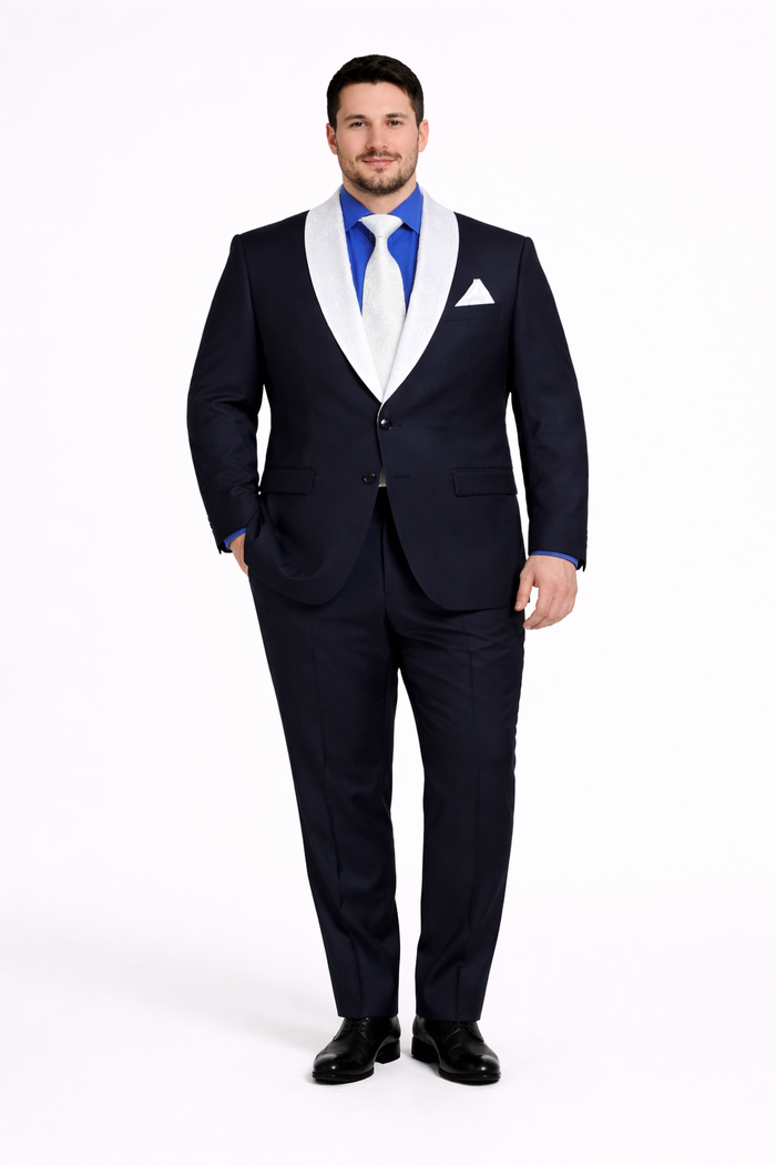 Modern Fit Men’s Black Wedding Blazer with White & Blue Shawl Lapel