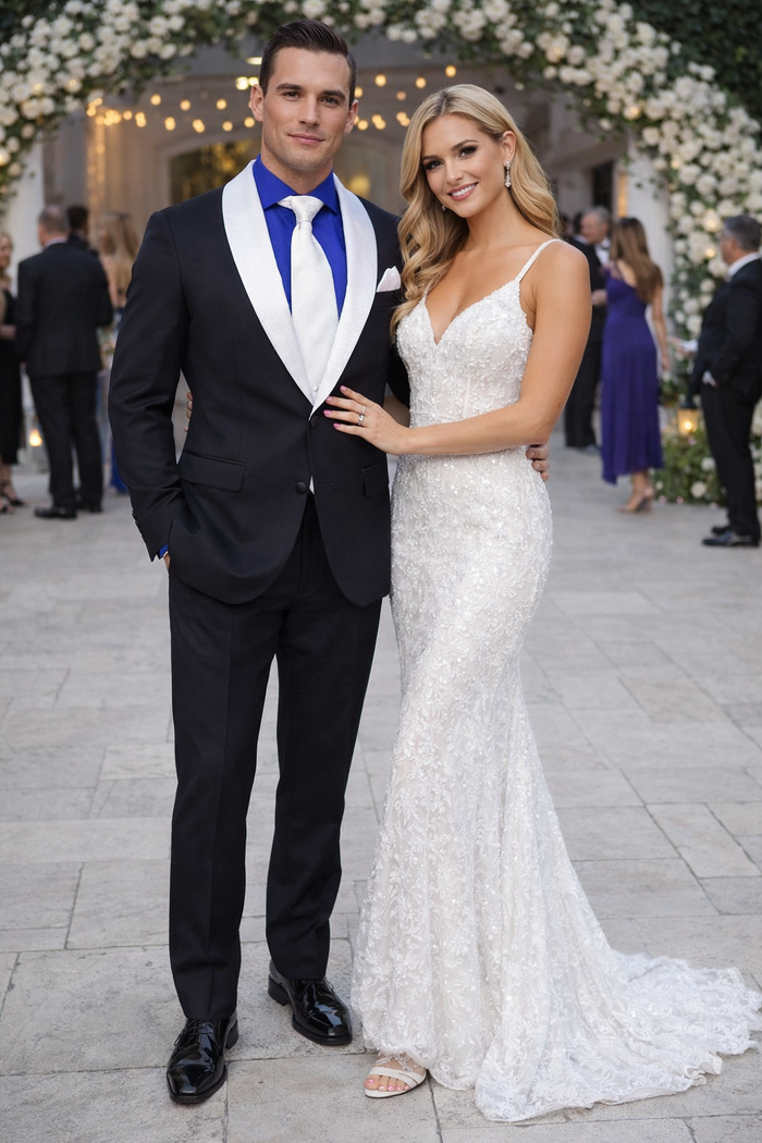 Modern Fit Men’s Black Wedding Blazer with White & Blue Shawl Lapel