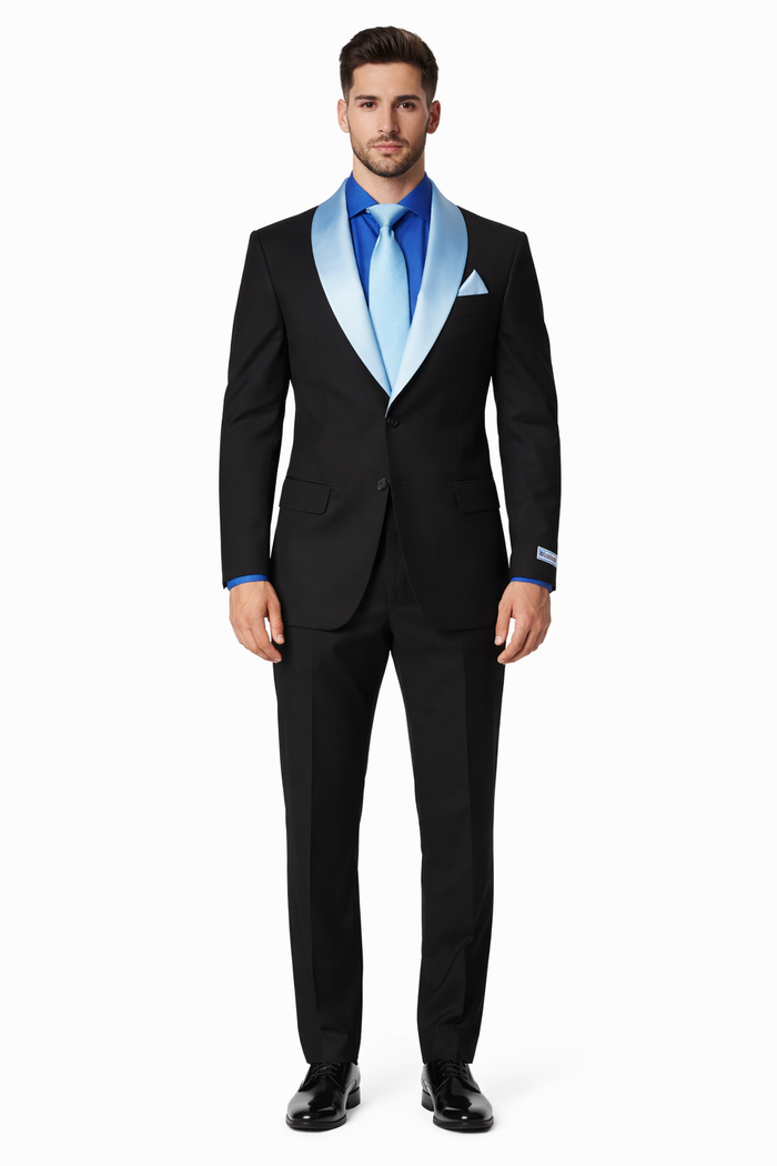 Modern Fit Men’s Black Wedding Blazer with White & Blue Shawl Lapel