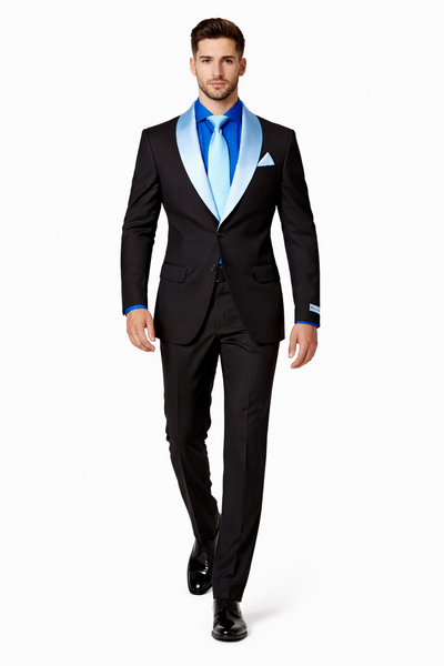 Modern Fit Men’s Black Wedding Blazer with White & Blue Shawl Lapel