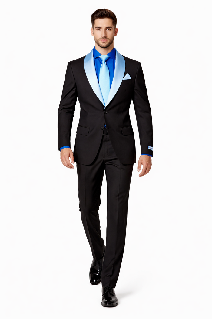 Modern Fit Men’s Black Wedding Blazer with White & Blue Shawl Lapel