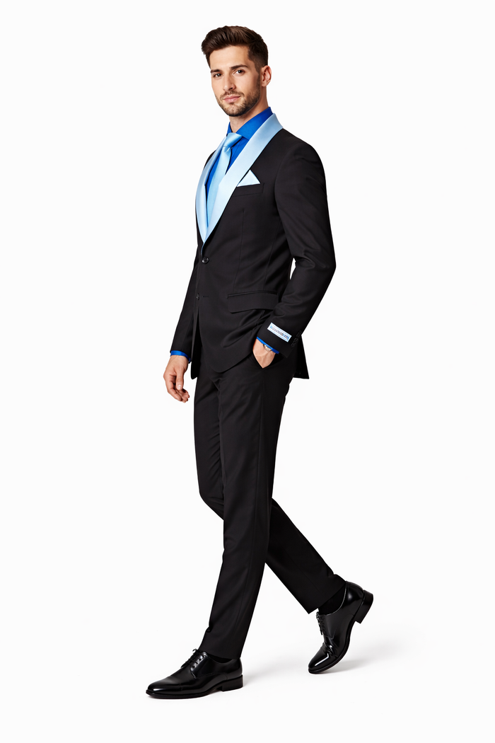 Modern Fit Men’s Black Wedding Blazer with White & Blue Shawl Lapel