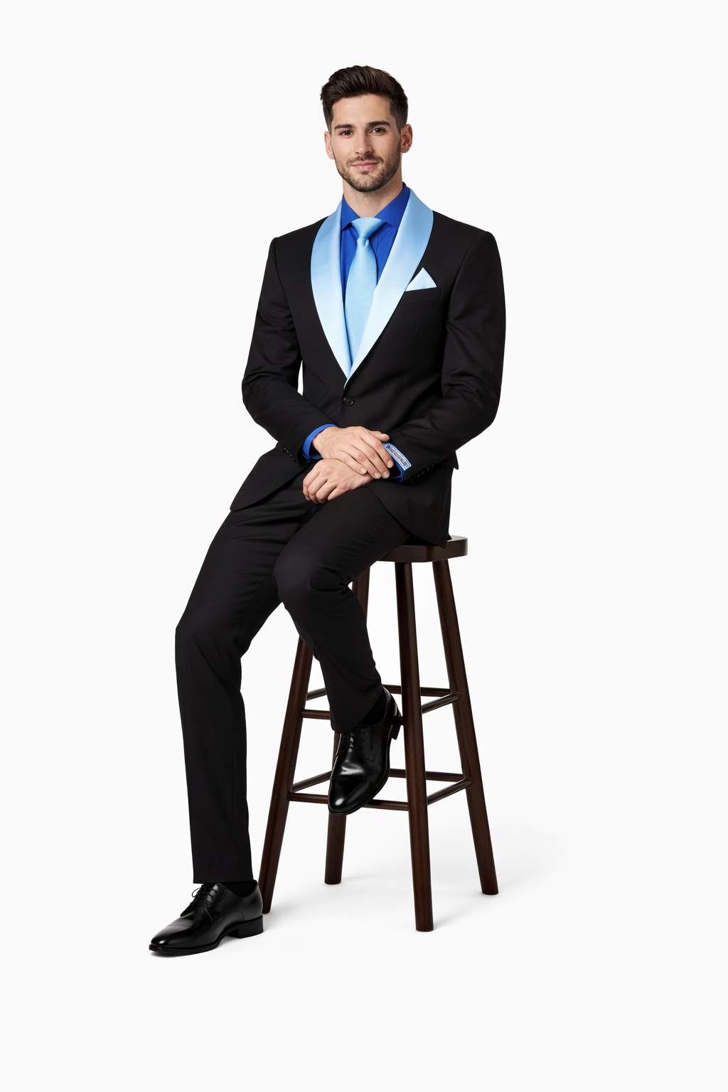Modern Fit Men’s Black Wedding Blazer with White & Blue Shawl Lapel