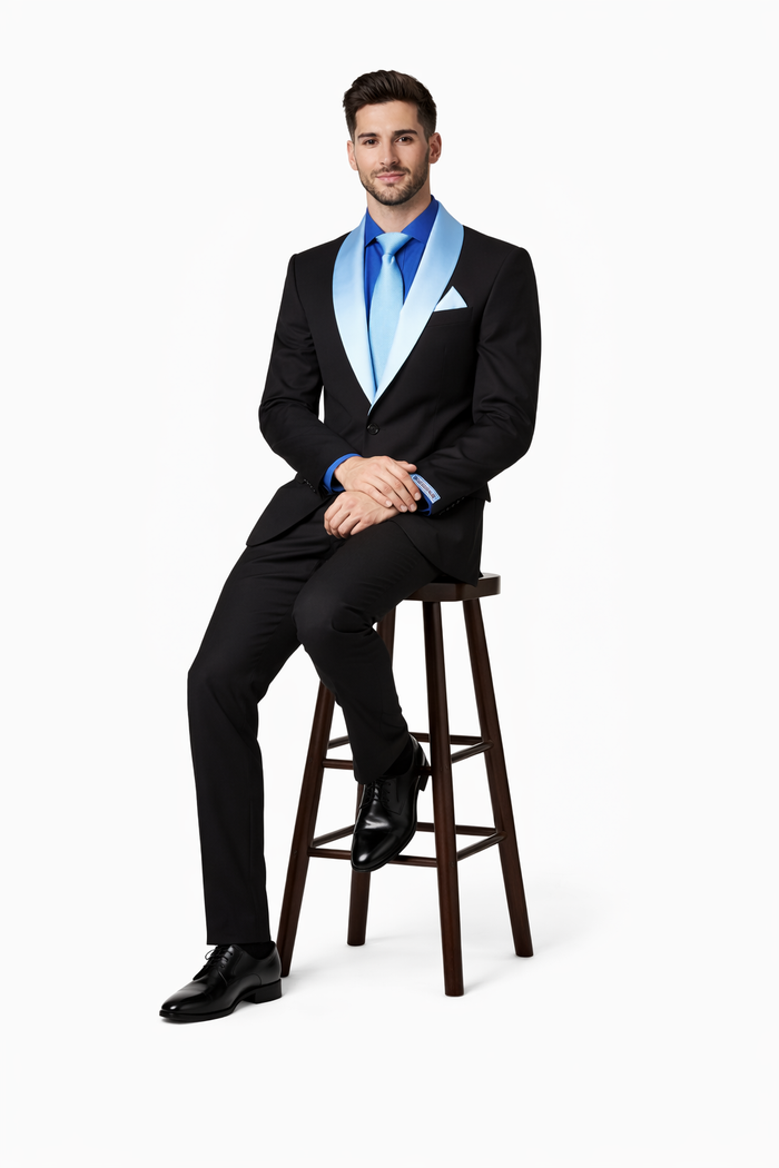 Modern Fit Men’s Black Wedding Blazer with White & Blue Shawl Lapel