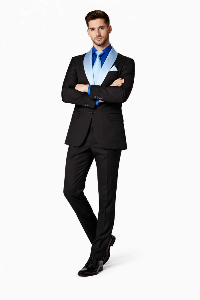 Modern Fit Men’s Black Wedding Blazer with White & Blue Shawl Lapel
