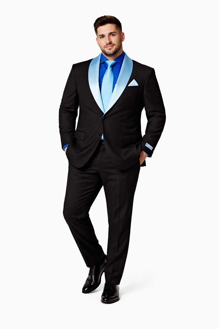 Modern Fit Men’s Black Wedding Blazer with White & Blue Shawl Lapel