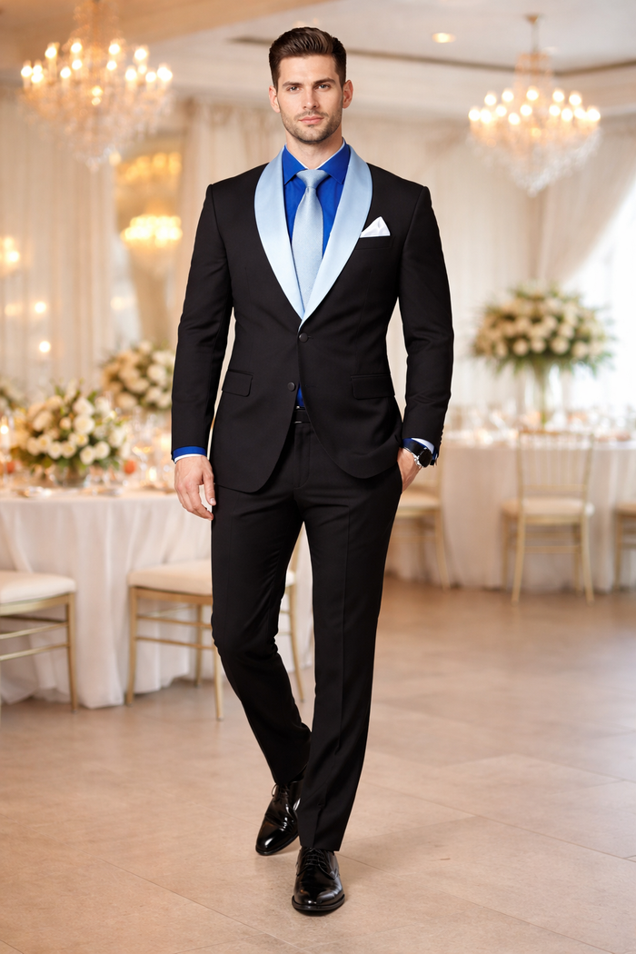 Modern Fit Men’s Black Wedding Blazer with White & Blue Shawl Lapel
