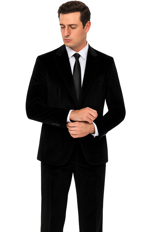 Tazzio Men’s Velvet Suit in Black – Slim Fit Peak Lapel 2-Piece Event Outfit