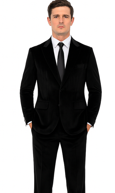 Men’s Black Velvet Velvet Peak Lapel Skinny Suit - Tazzio