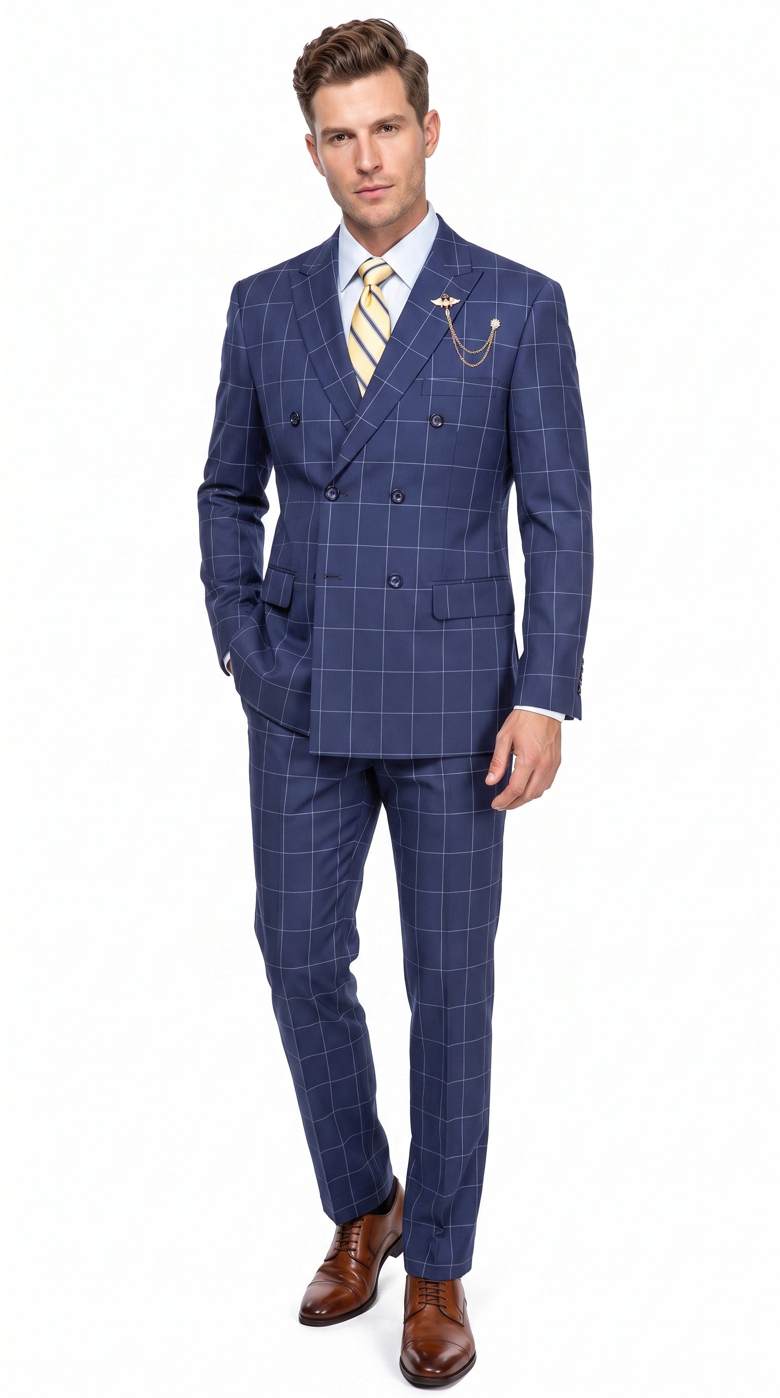 Mens Blue Plaid Double-Breasted Suit – Side-Vented Wedding, Business and Formal Suit