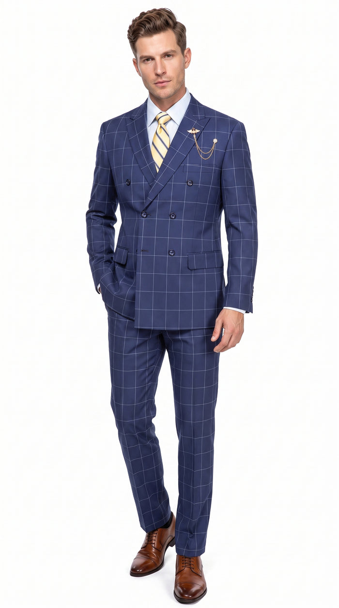 Mens Blue Plaid Double-Breasted Suit – Side-Vented Wedding, Business and Formal Suit