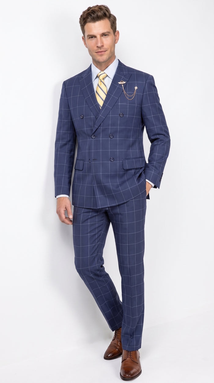 Mens Blue Plaid Double-Breasted Suit – Side-Vented Wedding, Business and Formal Suit