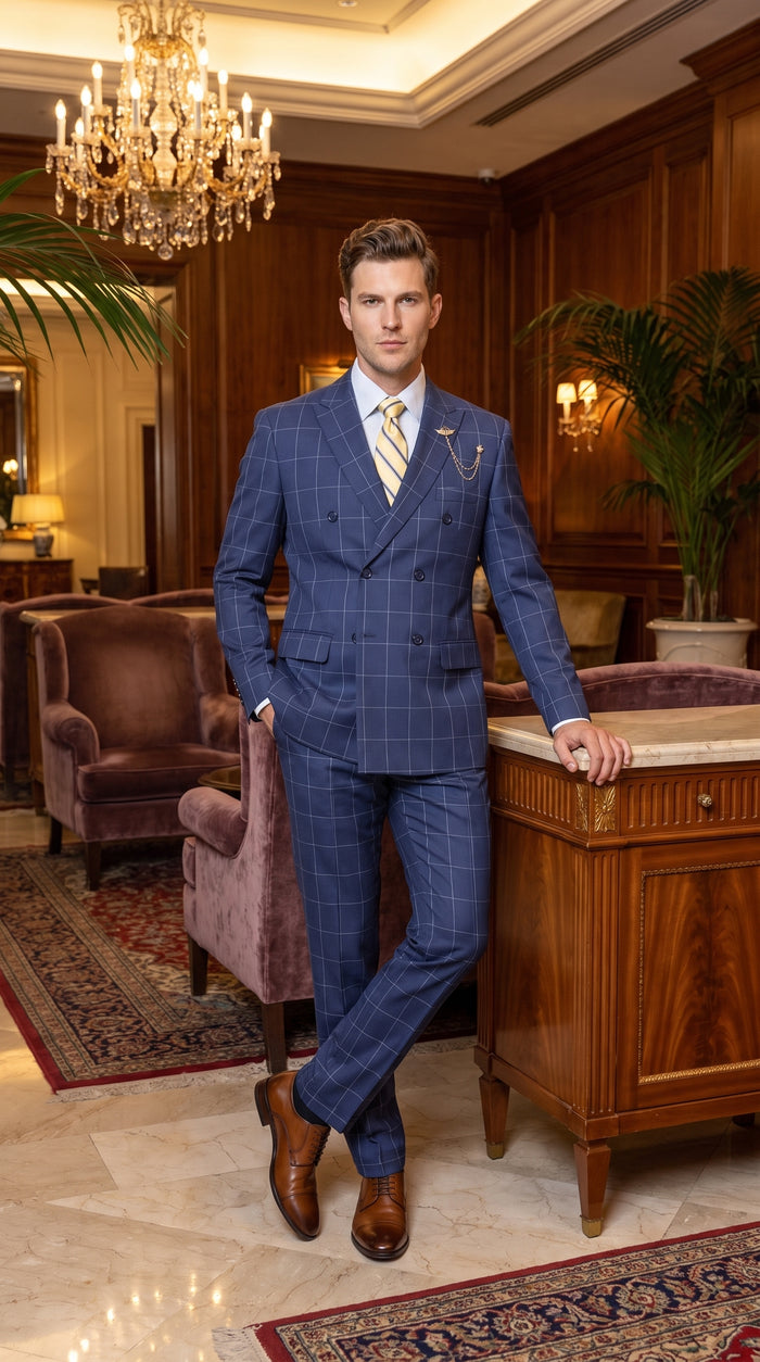 Mens Blue Plaid Double-Breasted Suit – Side-Vented Wedding, Business and Formal Suit