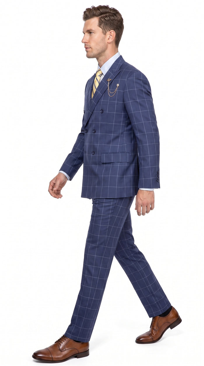Mens Blue Plaid Double-Breasted Suit – Side-Vented Wedding, Business and Formal Suit