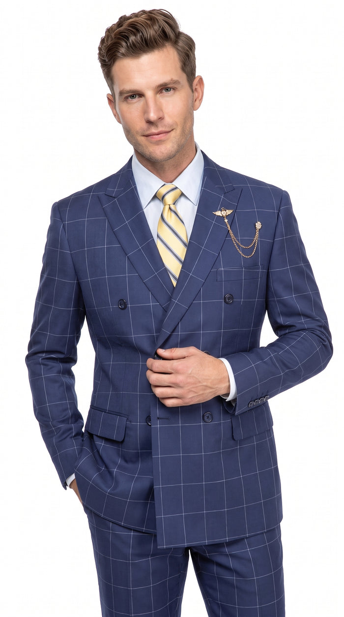 Mens Blue Plaid Double-Breasted Suit – Side-Vented Wedding, Business and Formal Suit