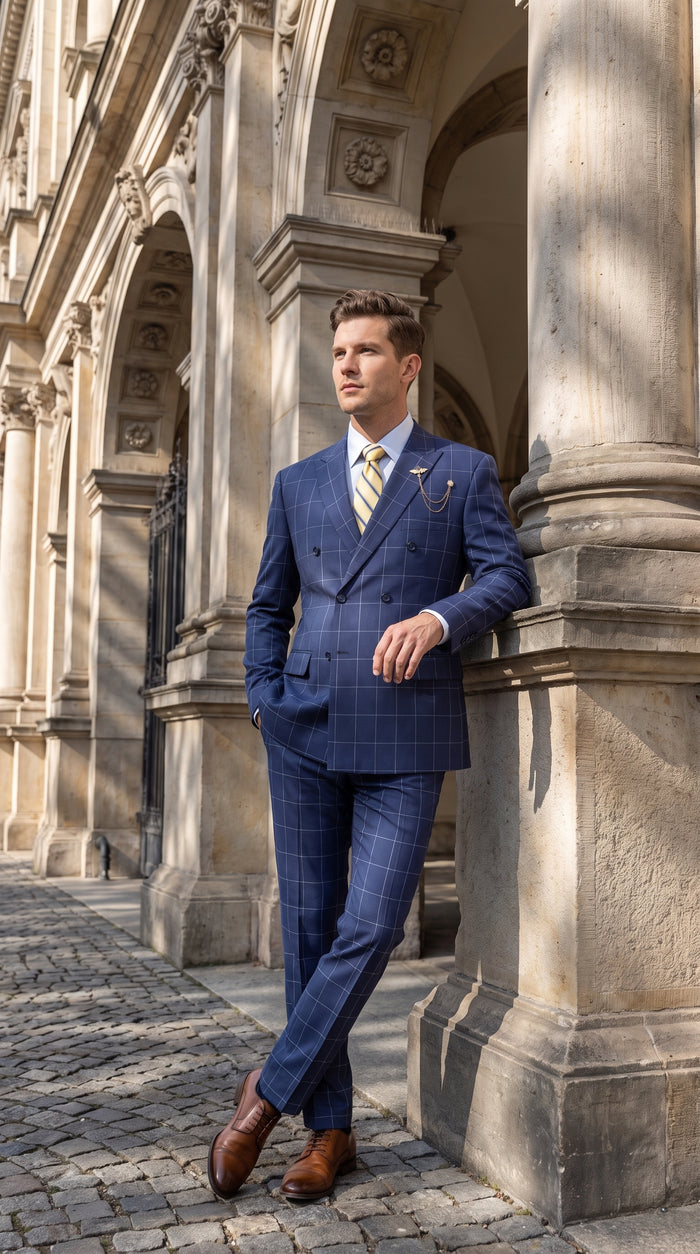 Mens Blue Plaid Double-Breasted Suit – Side-Vented Wedding, Business and Formal Suit